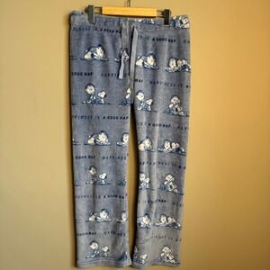 Peanuts Snoopy Linus Blue Plush Fleece Pajama‎ Pants Womens Size Medium Cartoon